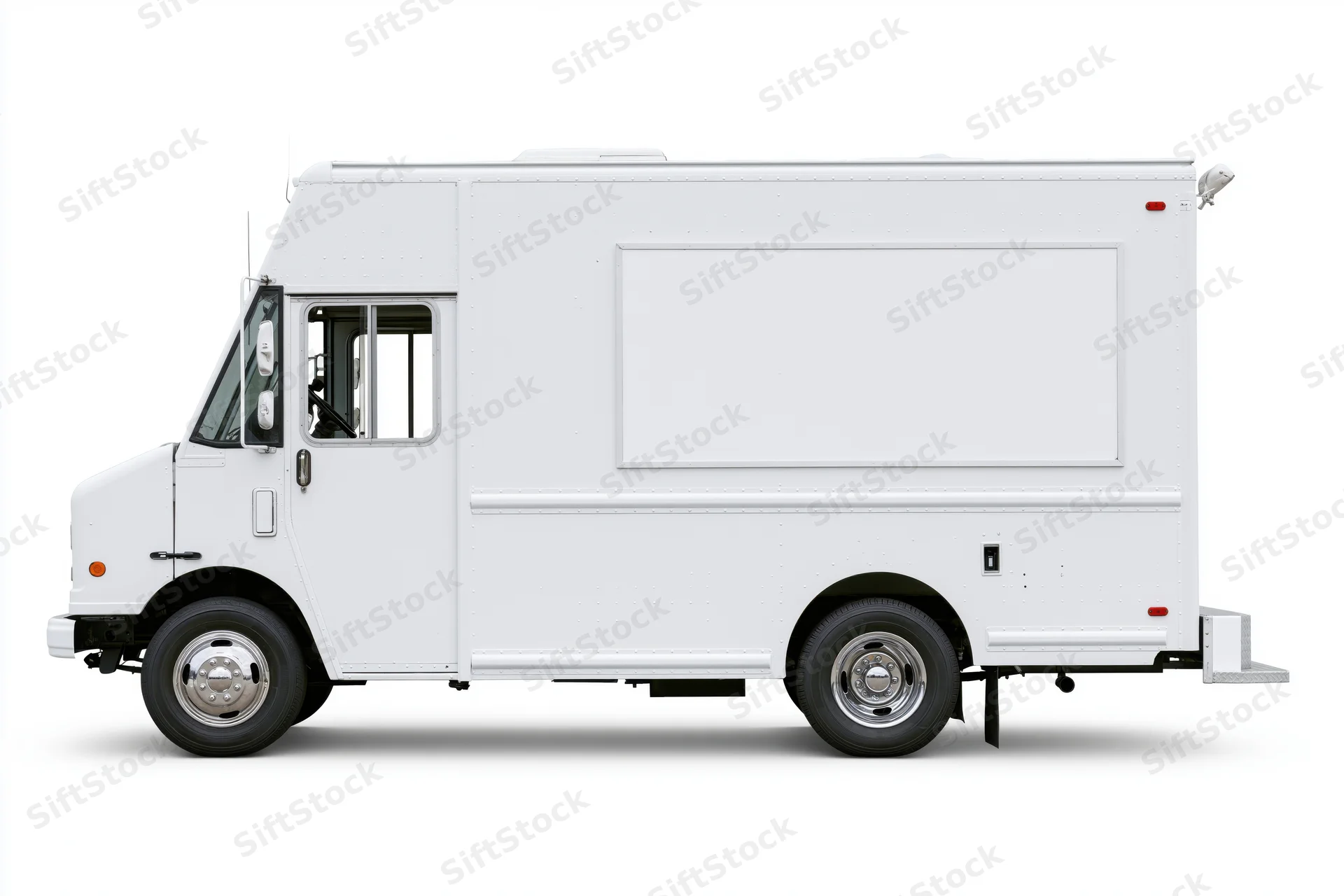 White food truck with blank rectangular menu board on side, isolated on white background