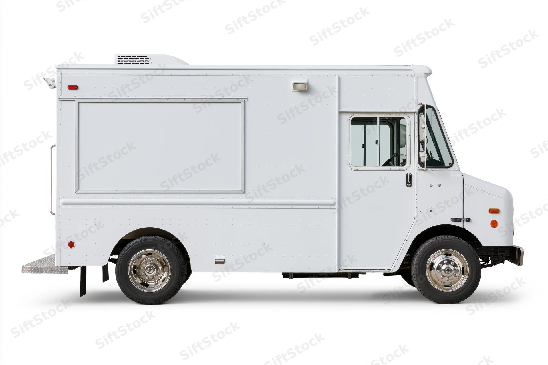 White food truck with blank rectangular menu board on side, isolated on white background