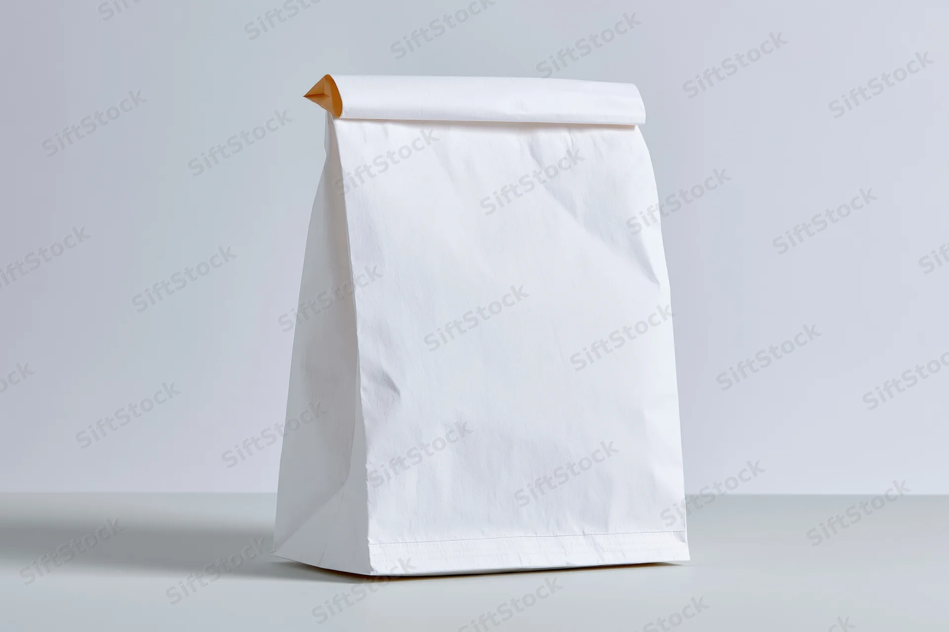 White paper bag standing upright on flat surface with blank front for branding