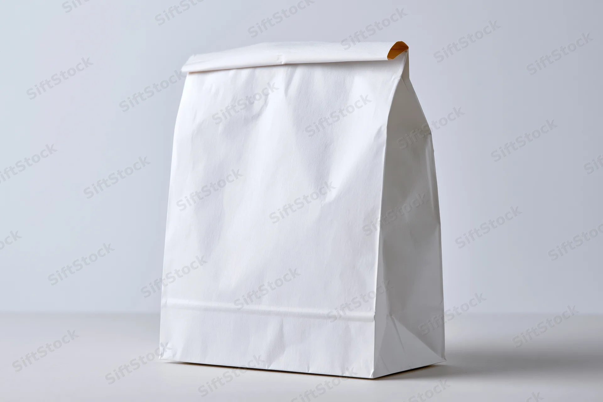 White paper bag standing upright on a flat surface with clean studio lighting
