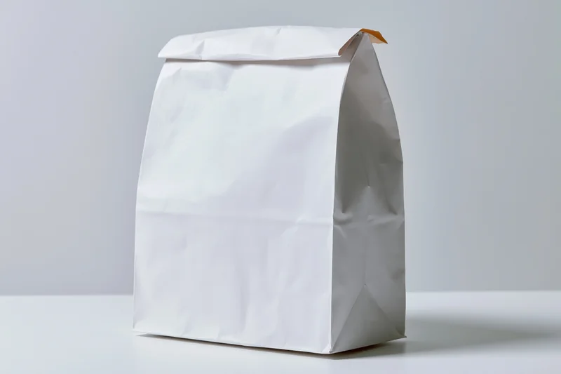 White paper bag standing upright on a white surface with copyspace for branding or design