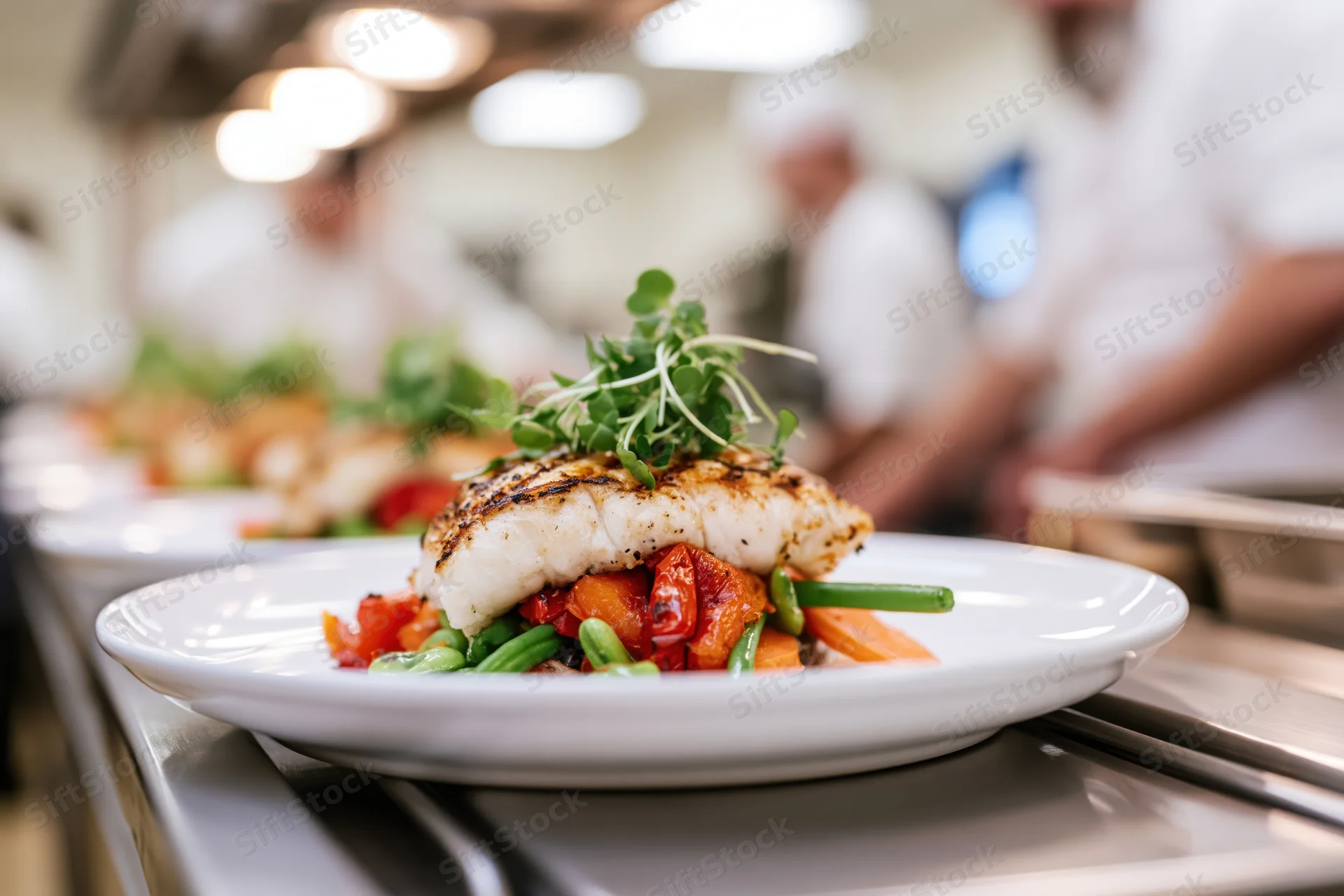 Grilled fish fillet topped with microgreens on a white plate in a restaurant kitchen with chefs in the background