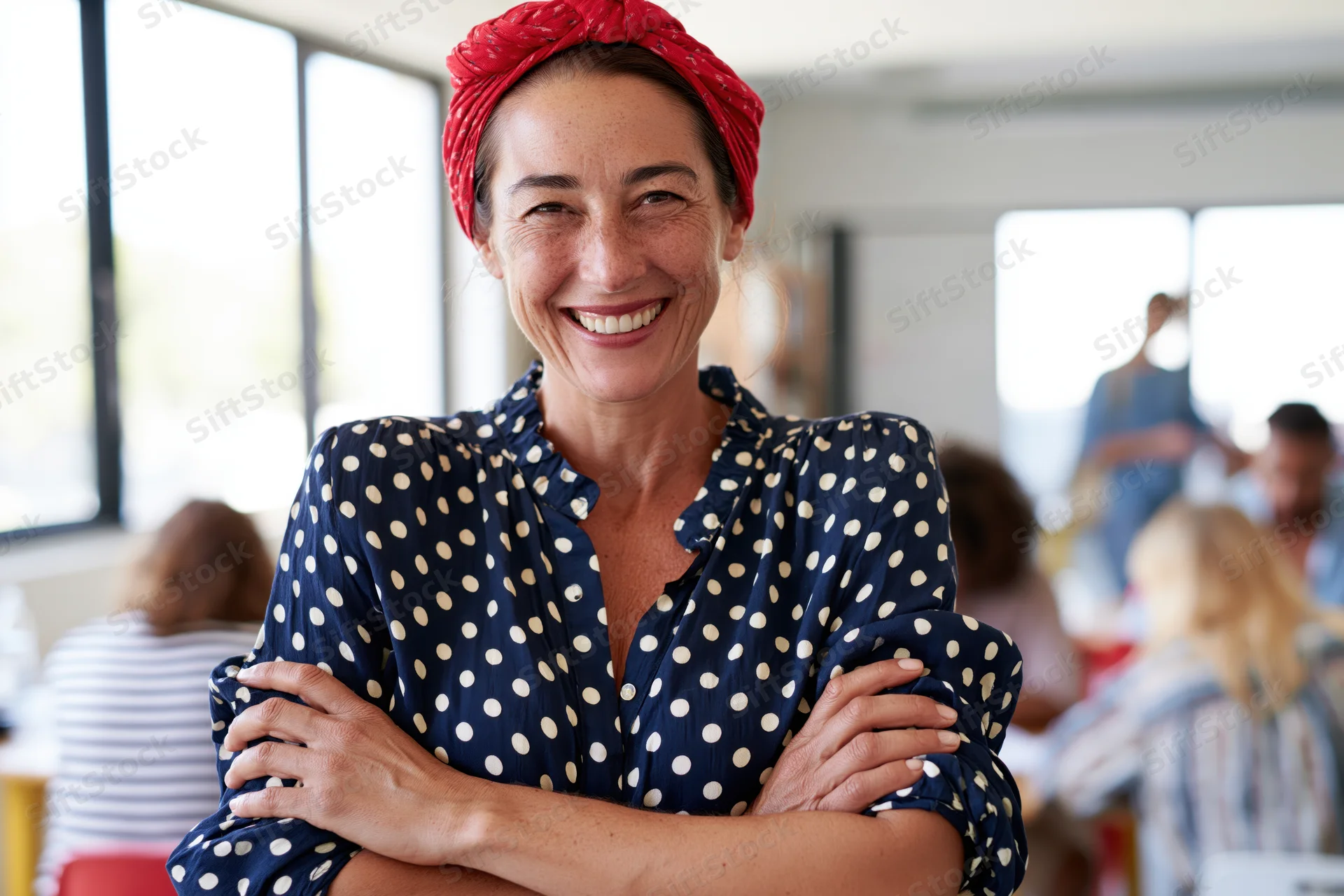 Smiling woman with arms crossed wearing red headscarf and polka dot blouse in cafe