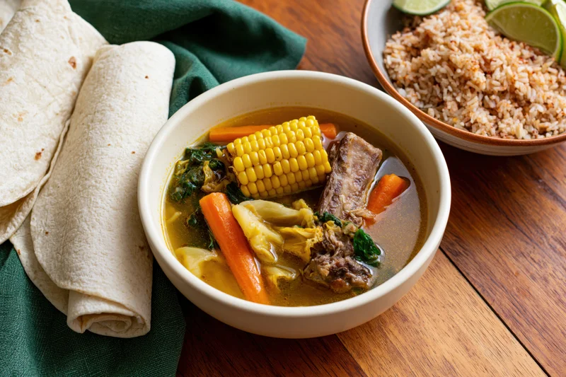 Bowl of mexican beef bone soup with corn, carrots, cabbage and tortillas on wooden table