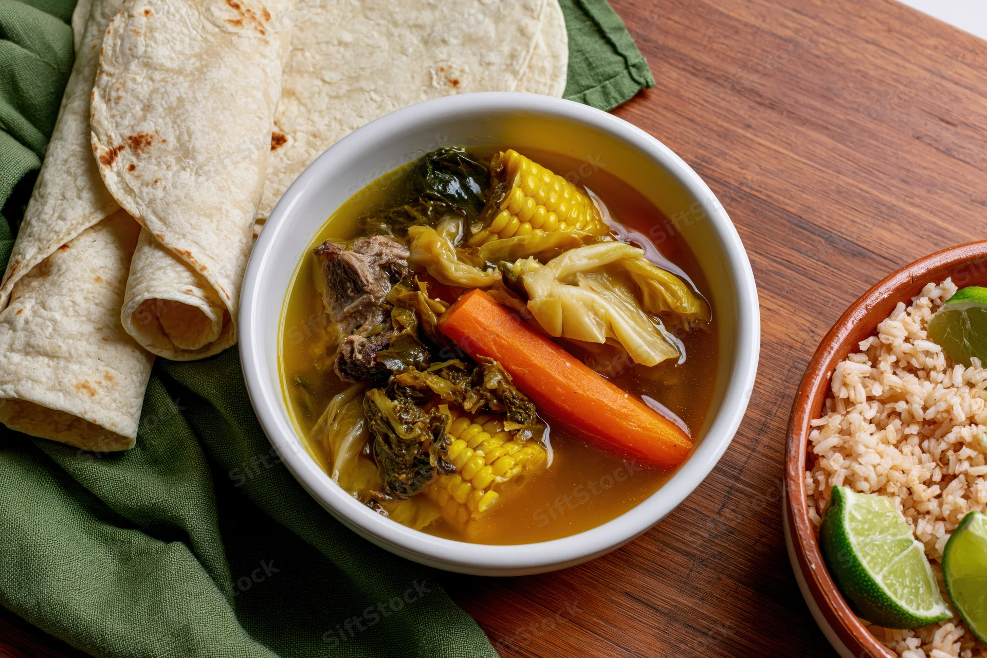 Bowl of mexican caldo de res soup with corn, carrot, cabbage and tortillas on wooden table