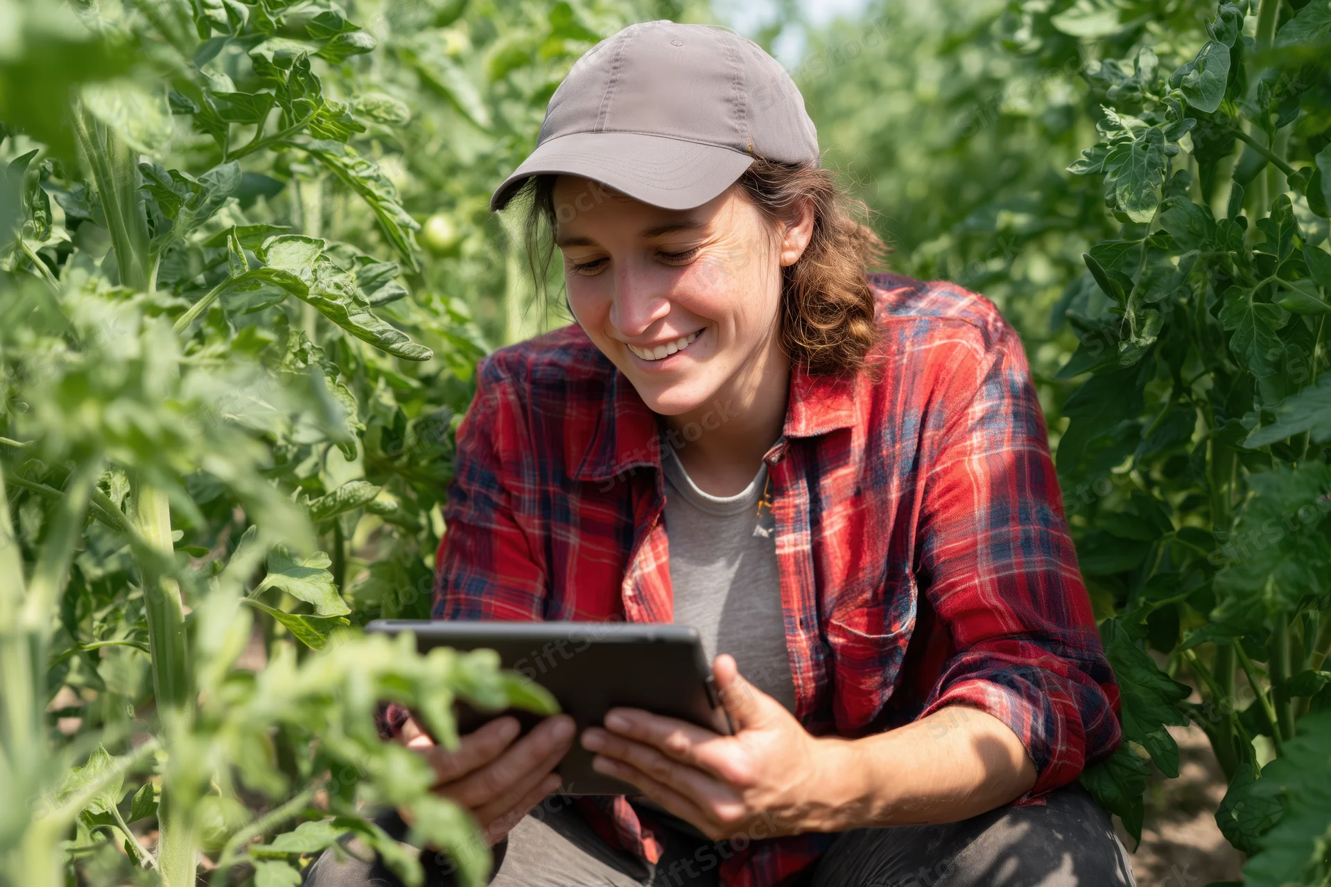 Woman kneeling in tomato garden using tablet for crop monitoring