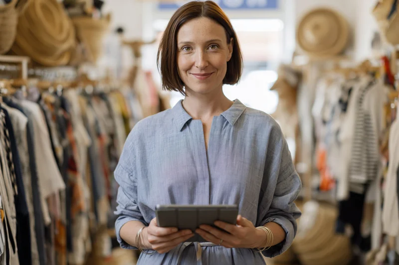 Woman holding tablet in boutique clothing store smiling at camera