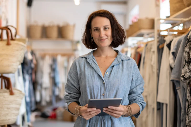 Woman holding tablet in boutique clothing store smiling at camera