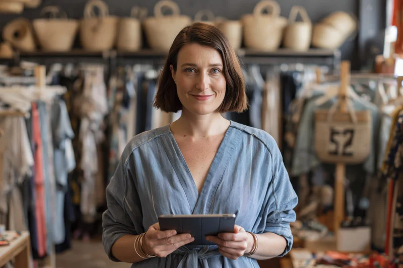 Woman holding tablet in boutique clothing store smiling at camera