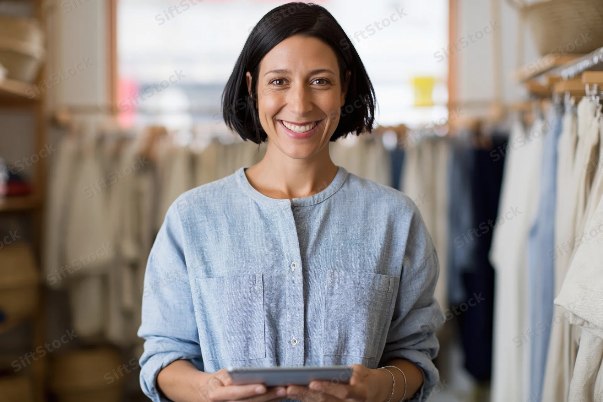 Woman smiling while holding tablet in boutique clothing store