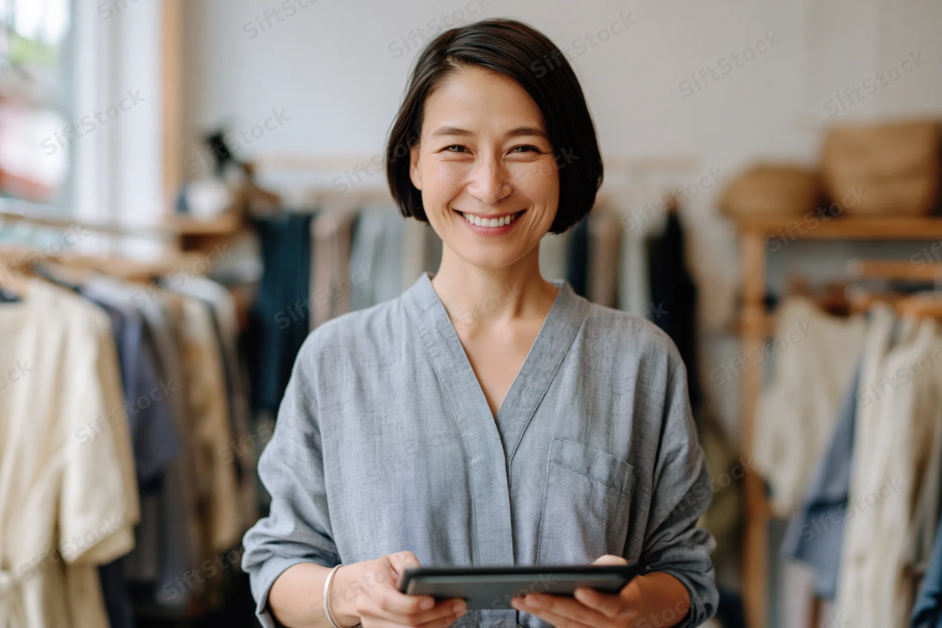 Woman smiling while holding tablet in boutique clothing store