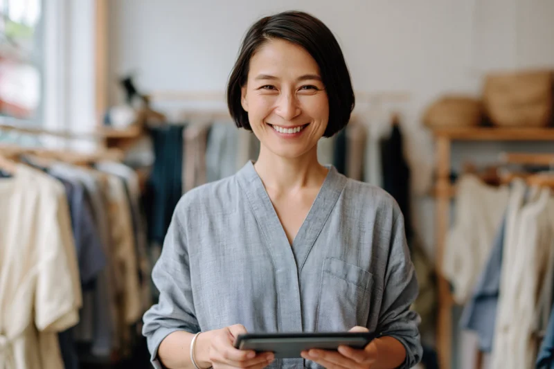 Woman smiling while holding tablet in boutique clothing store