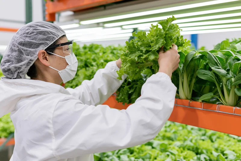 Woman harvesting lettuce in a vertical hydroponic farm