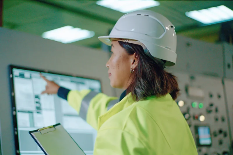 Woman in hardhat pointing at digital monitor in factory control room