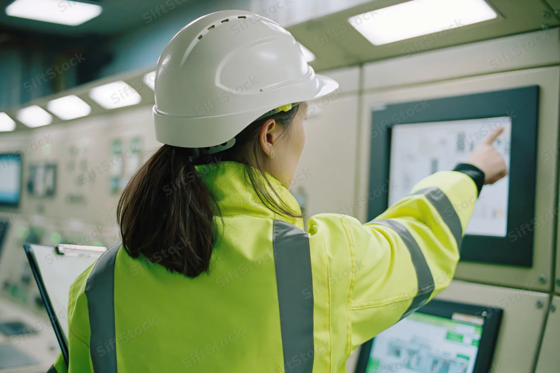 Woman in high-visibility jacket and white hard hat pointing at touchscreen control panel in industrial control room