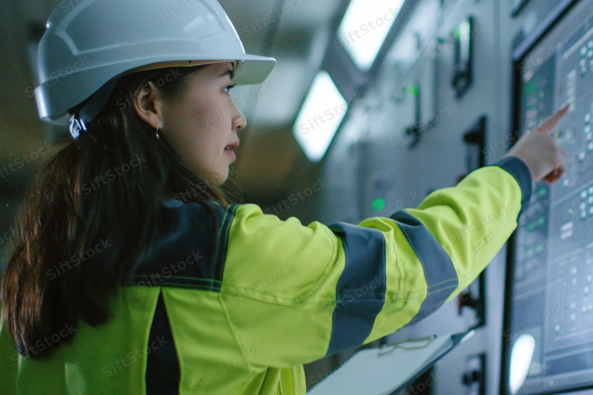 Woman engineer pointing at digital control panel in factory control room
