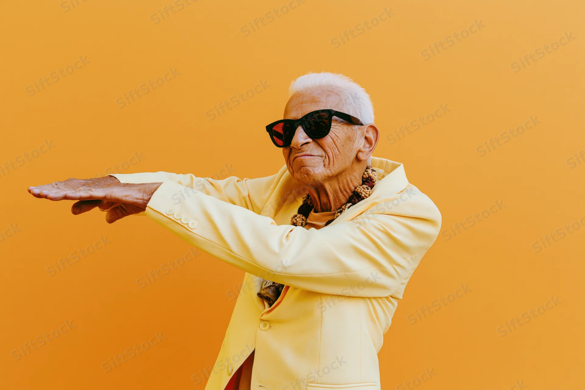 Elderly man in yellow jacket and sunglasses striking a playful pose against orange background