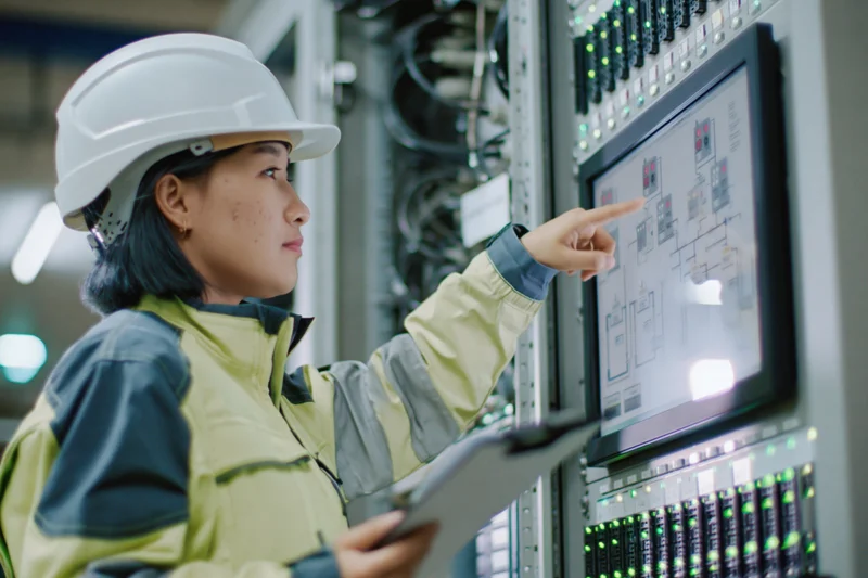 Asian woman engineer pointing at digital control panel in industrial facility