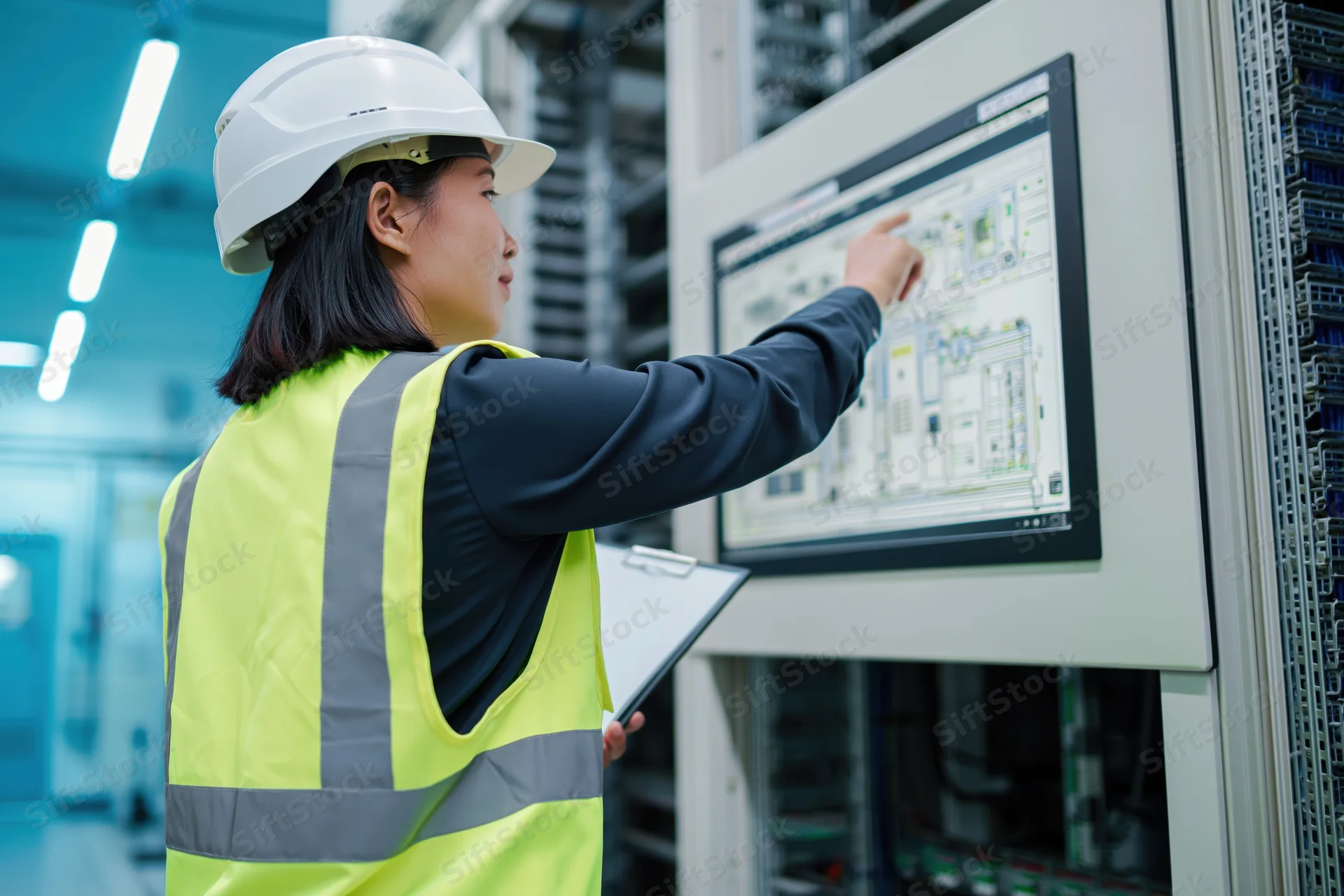Asian woman engineer in yellow safety vest and white helmet interacting with touchscreen control panel in datacenter