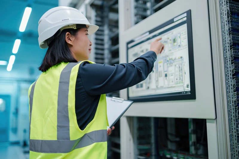Asian woman engineer in yellow safety vest and white helmet interacting with touchscreen control panel in datacenter