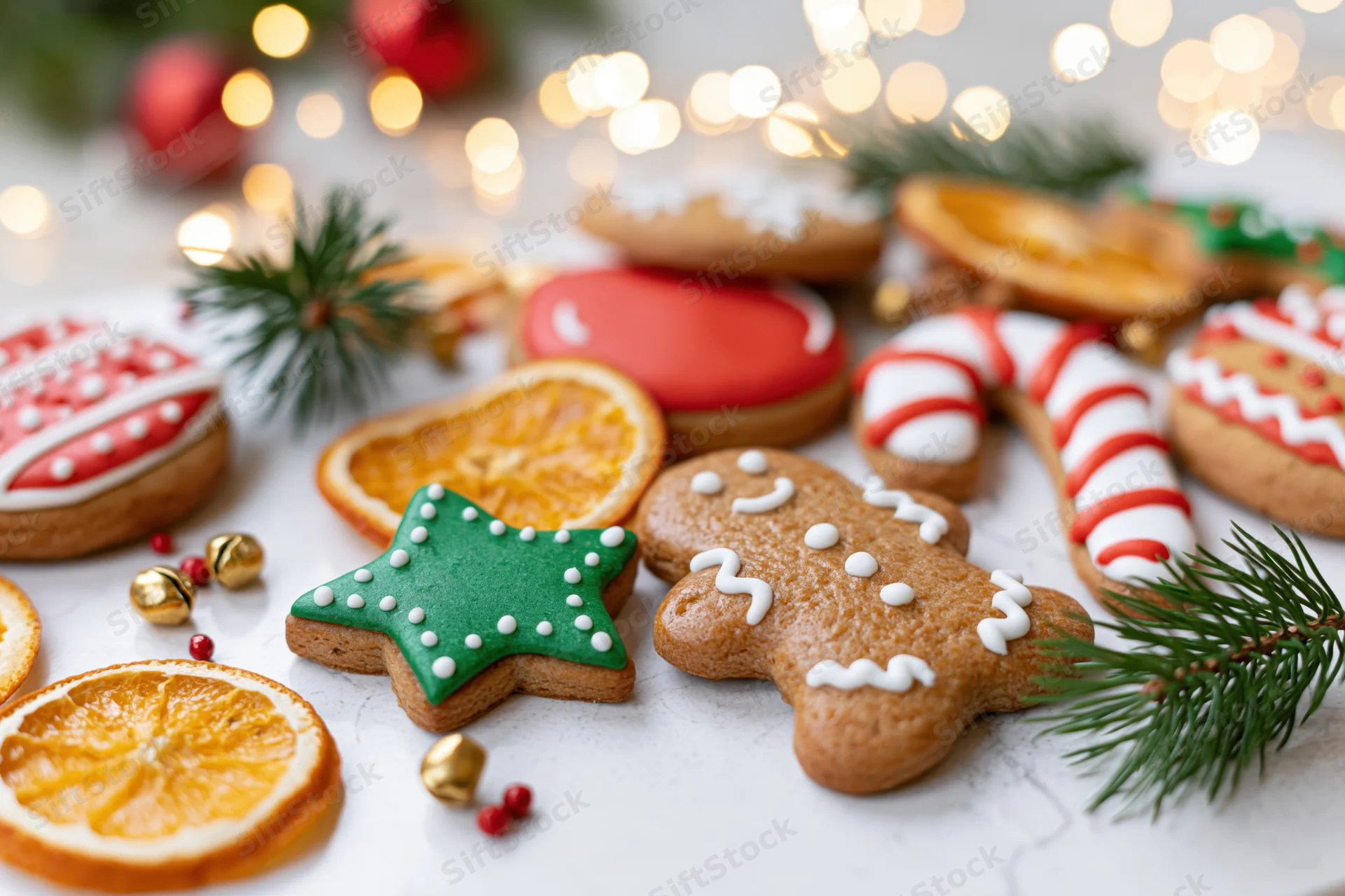 Assorted christmas gingerbread cookies decorated with royal icing and festive ornaments on a white surface with blurred lights in the background