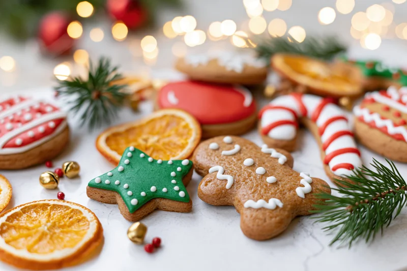 Assorted christmas gingerbread cookies decorated with royal icing and festive ornaments on a white surface with blurred lights in the background