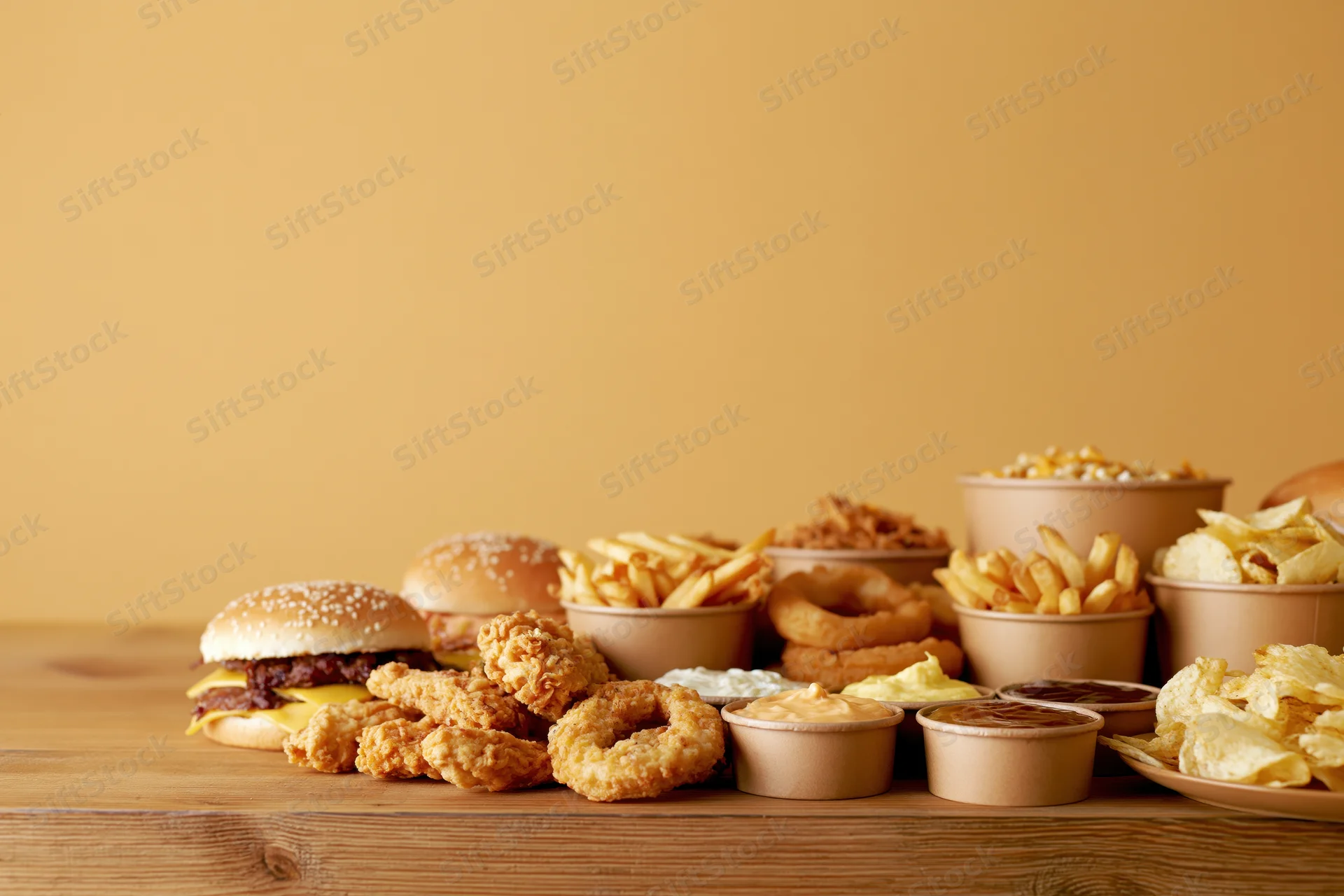 Assorted fast food items arranged along the right edge of a wooden table with copyspace on the left