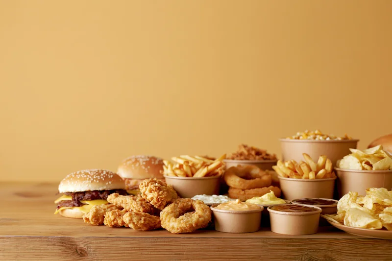 Assorted fast food items arranged along the right edge of a wooden table with copyspace on the left