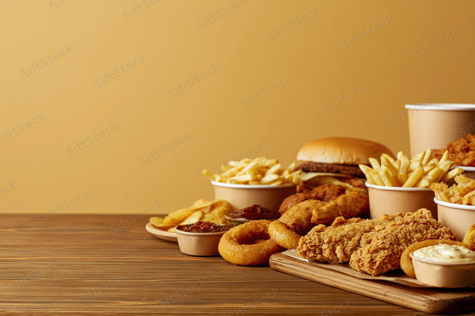 Assorted fast food items arranged along the right edge of a wooden table with copyspace on the left