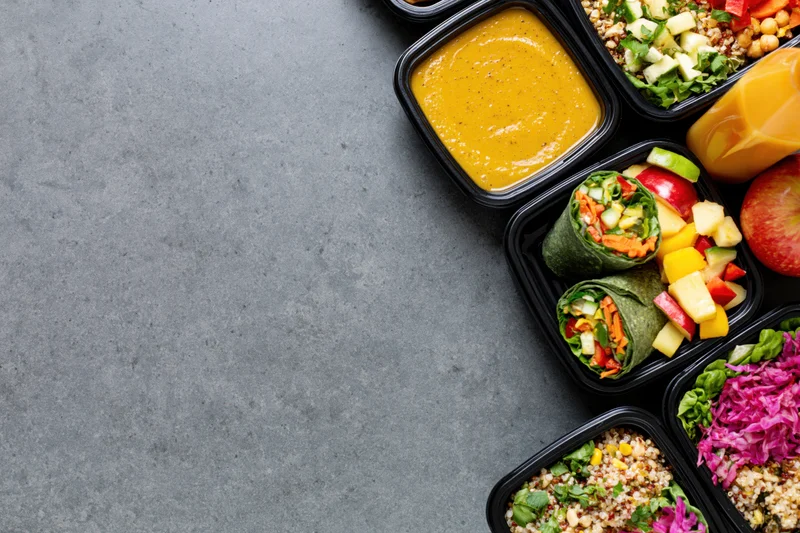 Healthy meal prep containers with colorful vegetables, fruits, wraps and hummus arranged on gray countertop with copyspace