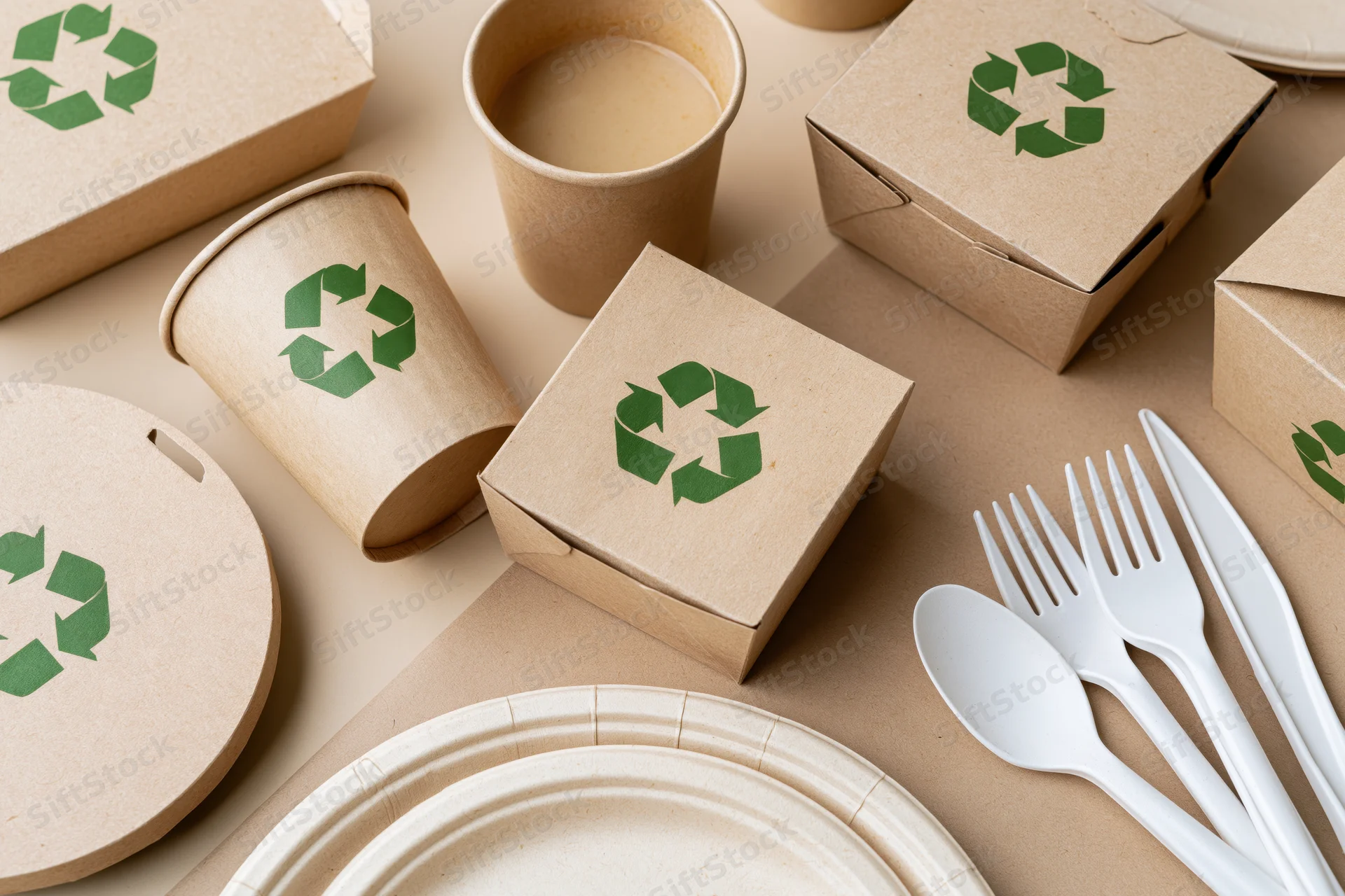 Kraft paper food packaging with green recycling symbols arranged on beige surface