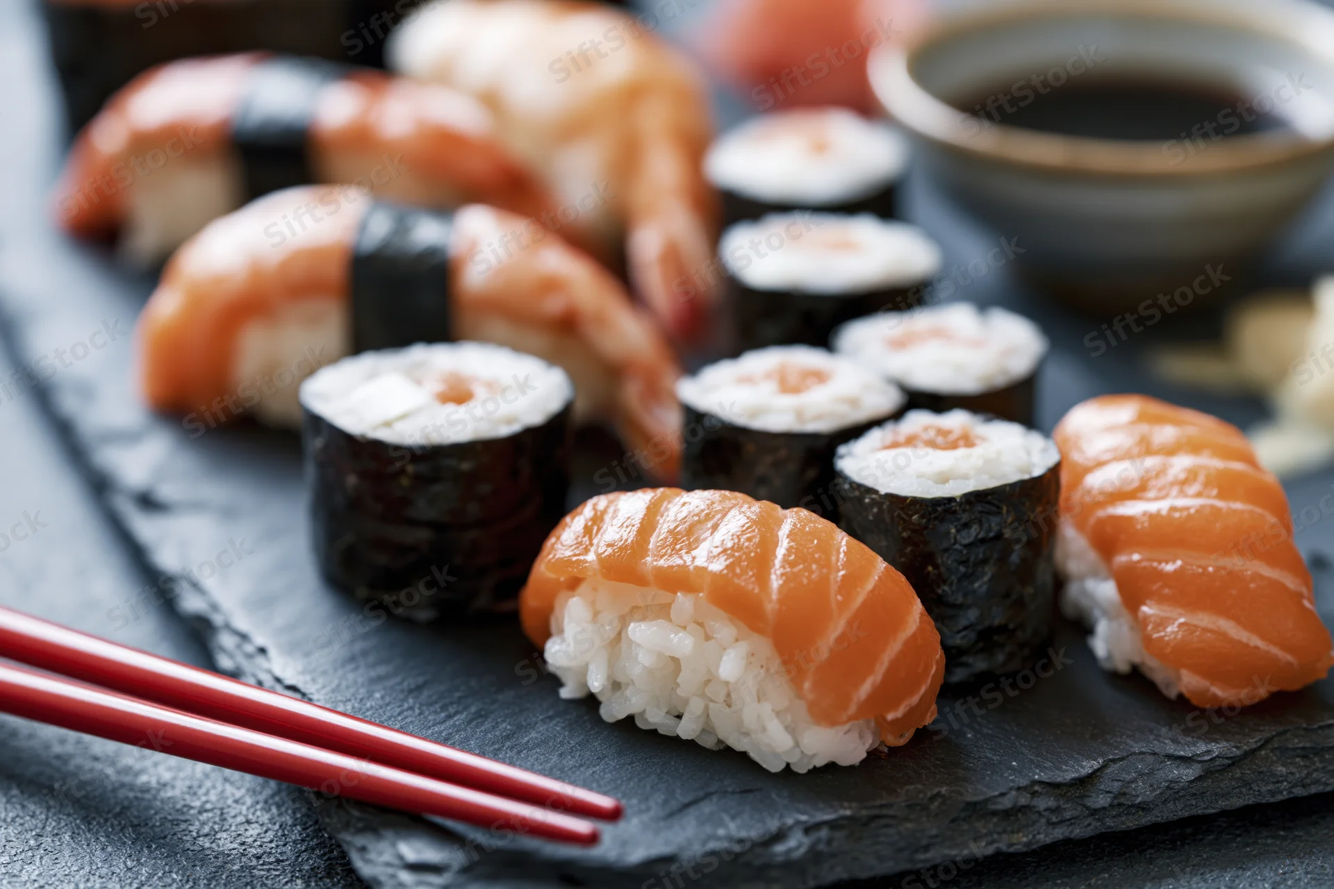 Assorted sushi nigiri and rolls with chopsticks on dark slate plate