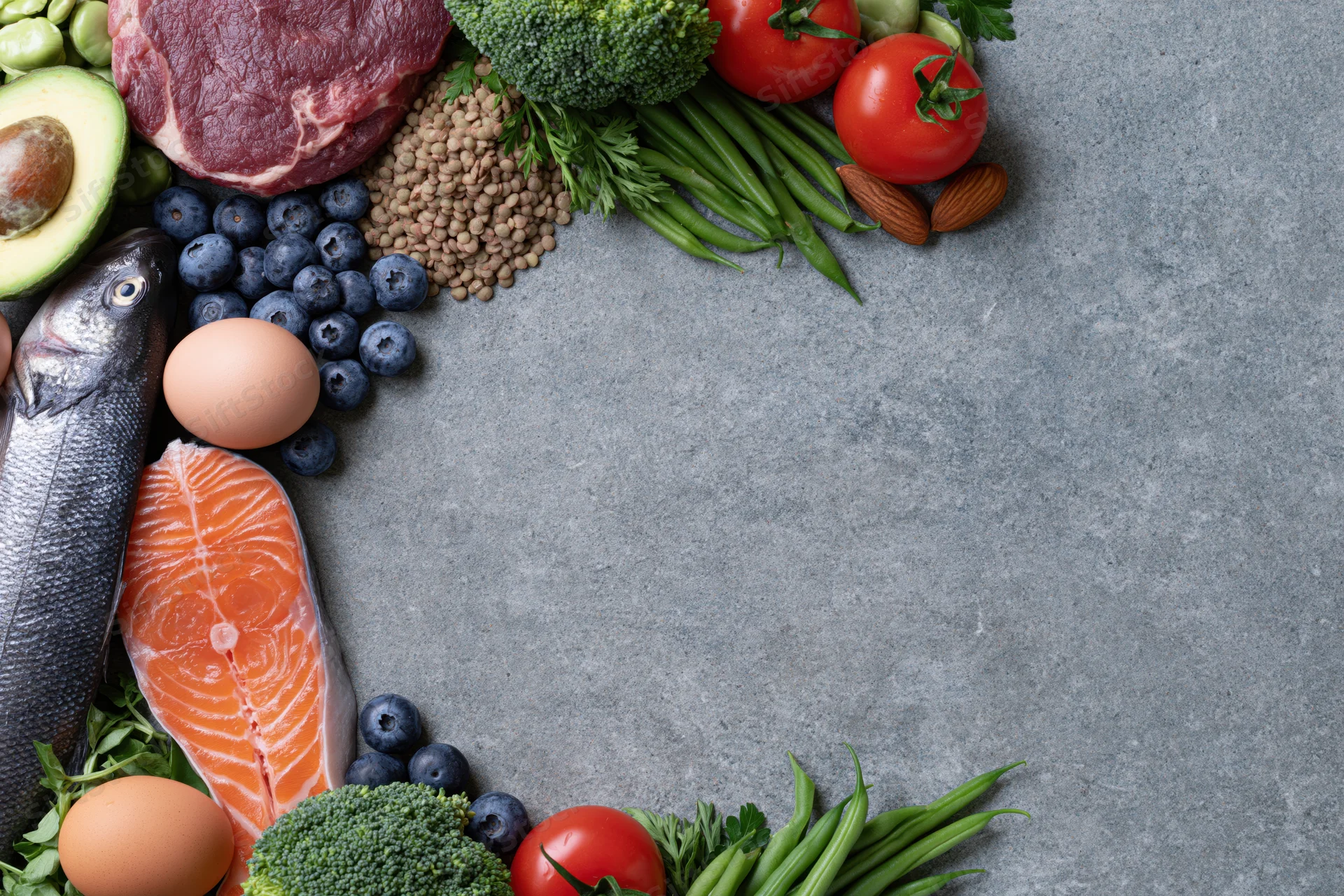 Assorted whole foods arranged in a circular frame on a gray stone surface