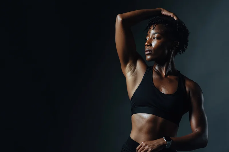 Athletic black woman stretching in black sports bra and shorts in studio