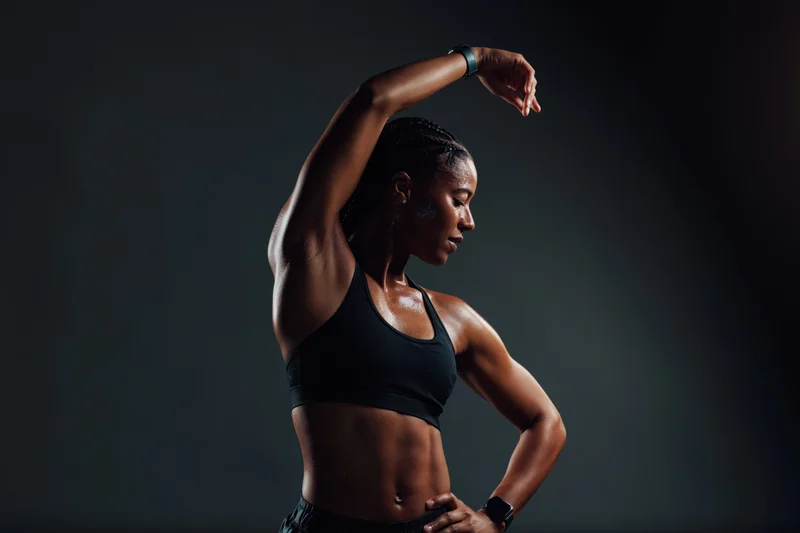 Athletic black woman stretching in black sports bra and shorts against dark studio background