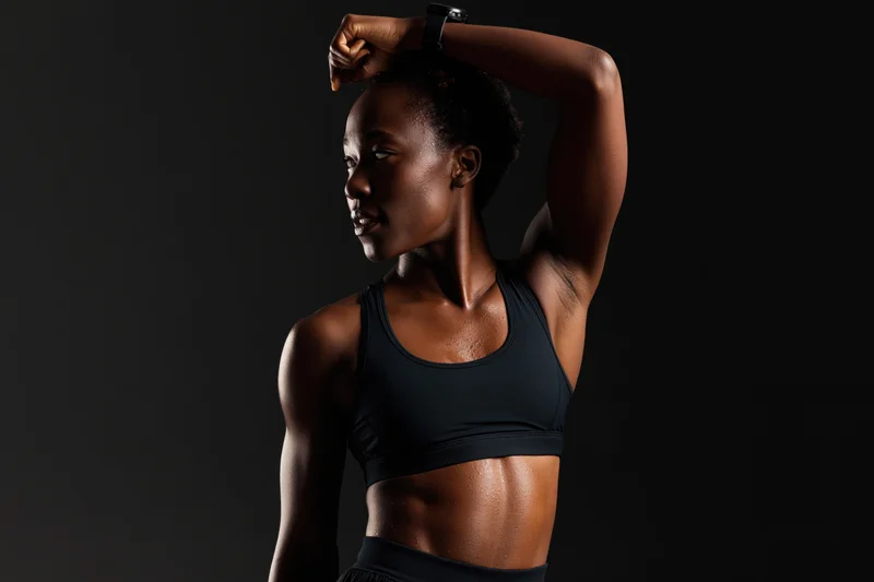 Athletic young black woman stretching her triceps in sportswear against dark background