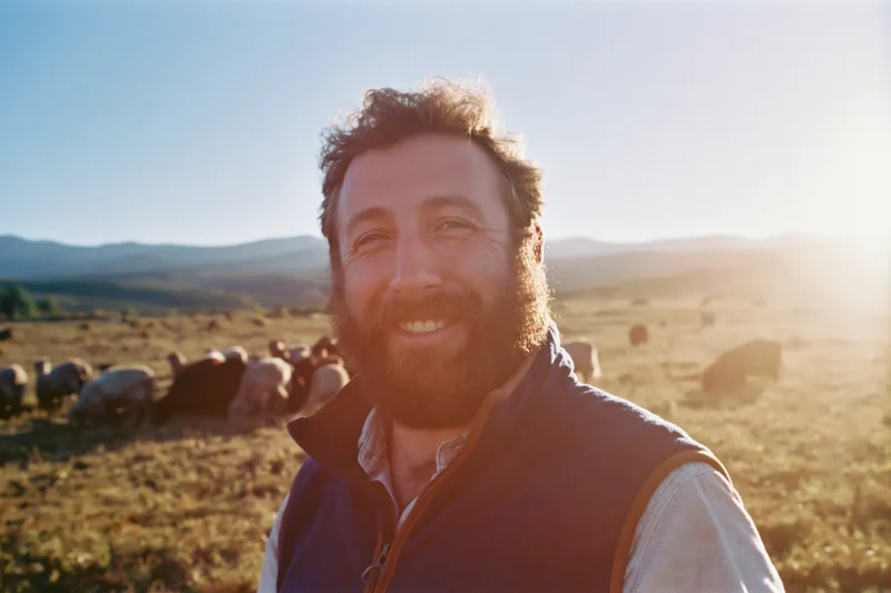 Bearded man smiling in a field with sheep behind him at golden hour