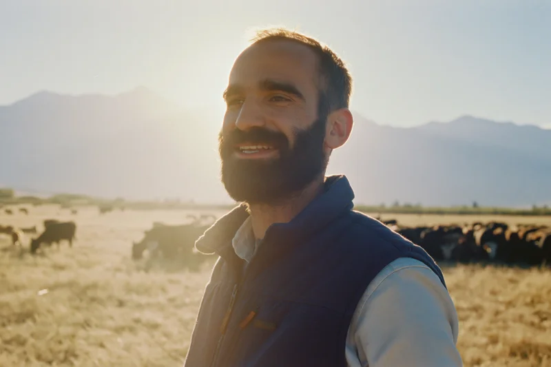 Bearded man in navy vest smiling off-camera in a pasture with cattle and mountains at sunset