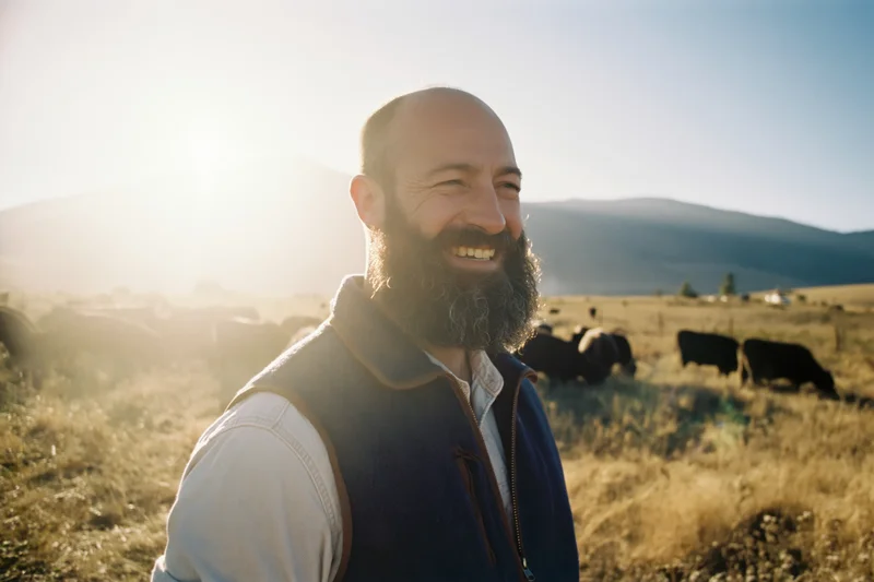 Bearded man smiling in a field with cattle grazing behind him at golden hour
