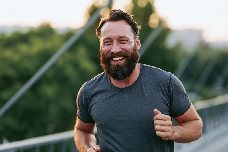 Bearded man jogging across city bridge smiling with thumbs up