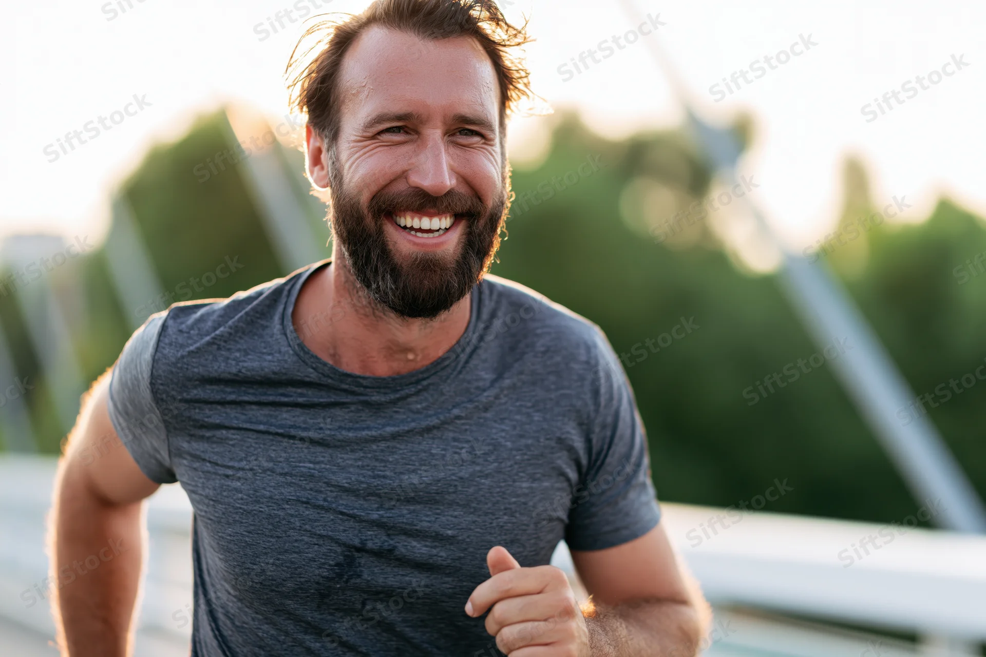 Bearded man jogging across city bridge smiling during golden hour