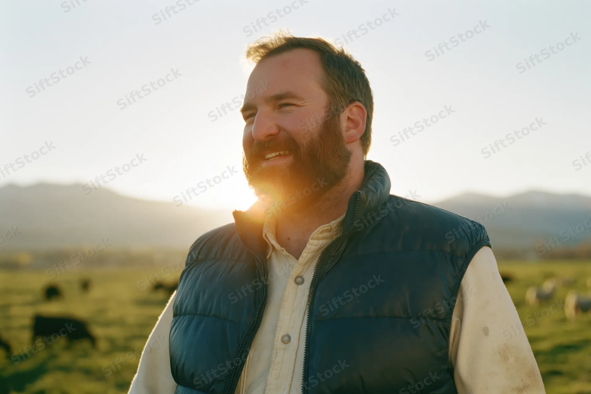 Bearded man smiling and looking aside in a field with cattle at sunset