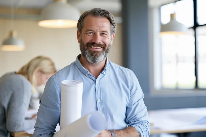 Bearded middle-aged architect smiling while holding rolled blueprints in modern office workspace