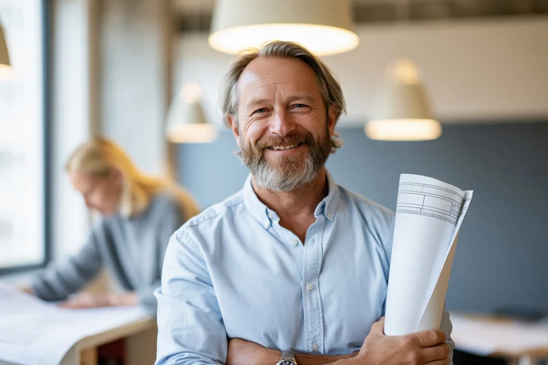 Bearded middle-aged architect smiling while holding rolled blueprint in modern office workspace