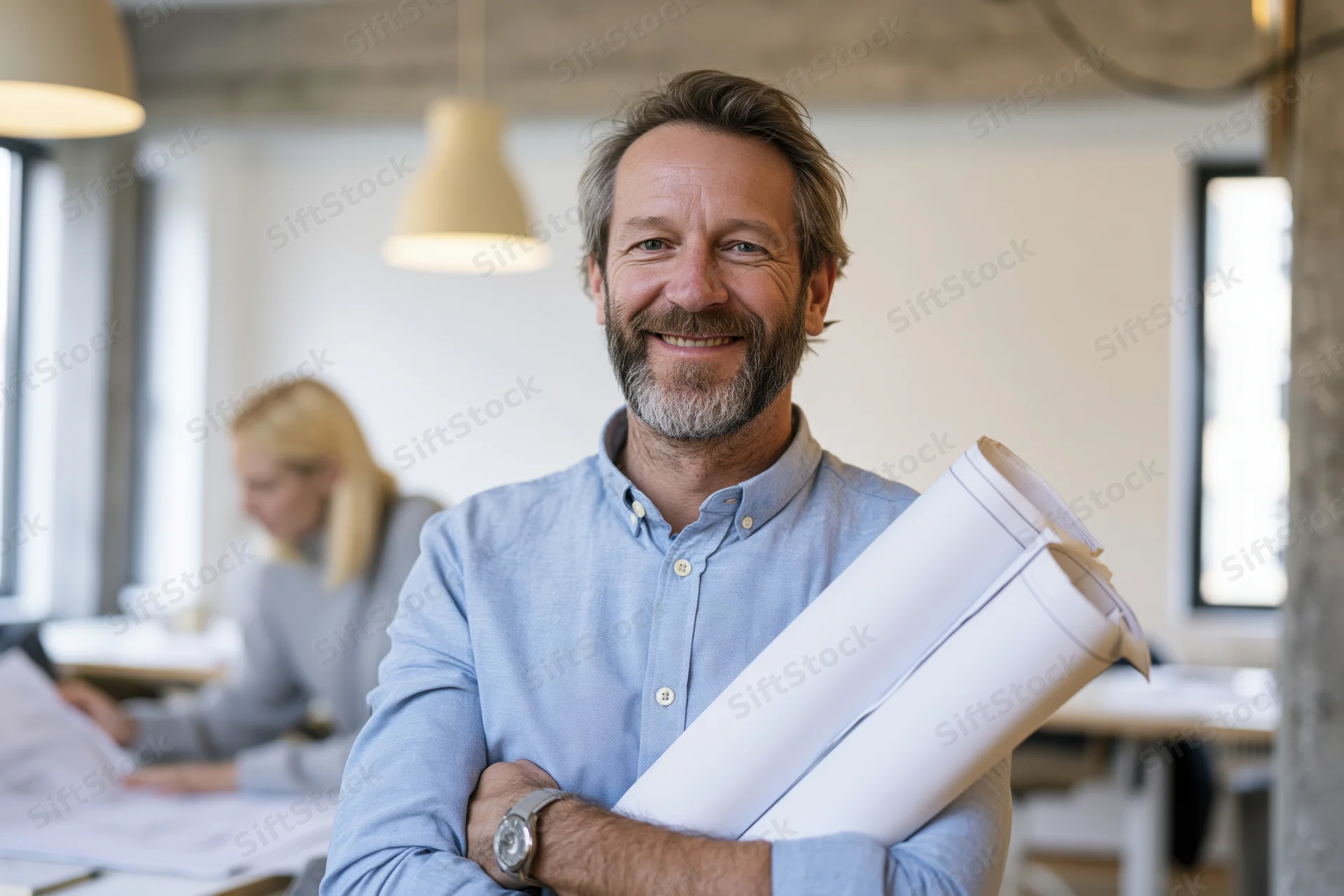 Bearded middle-aged architect smiling while holding rolled blueprints in modern office
