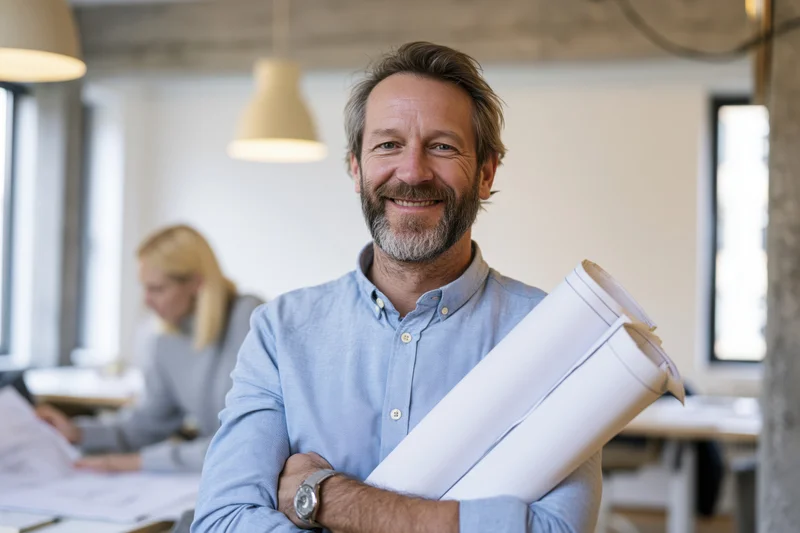 Bearded middle-aged architect smiling while holding rolled blueprints in modern office