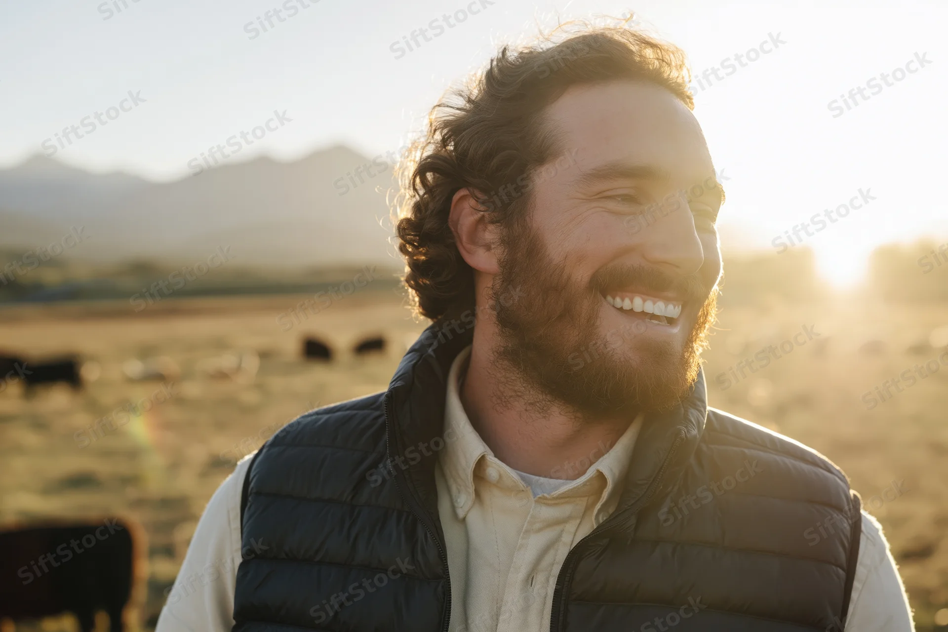 Smiling bearded man in puffer vest standing in a pasture with cattle at sunset