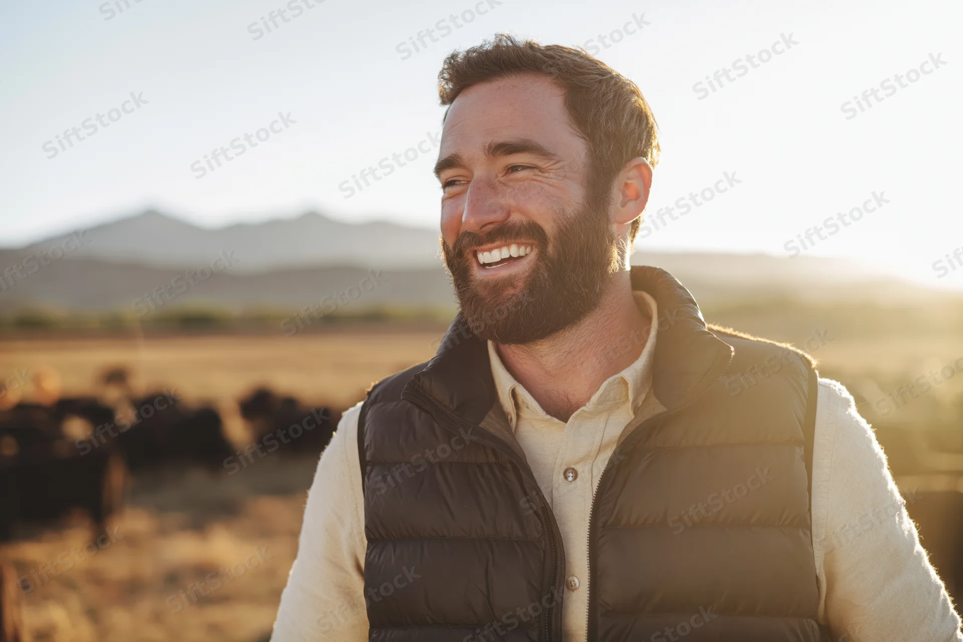 Smiling bearded man in puffer vest standing in a field with cattle at sunset