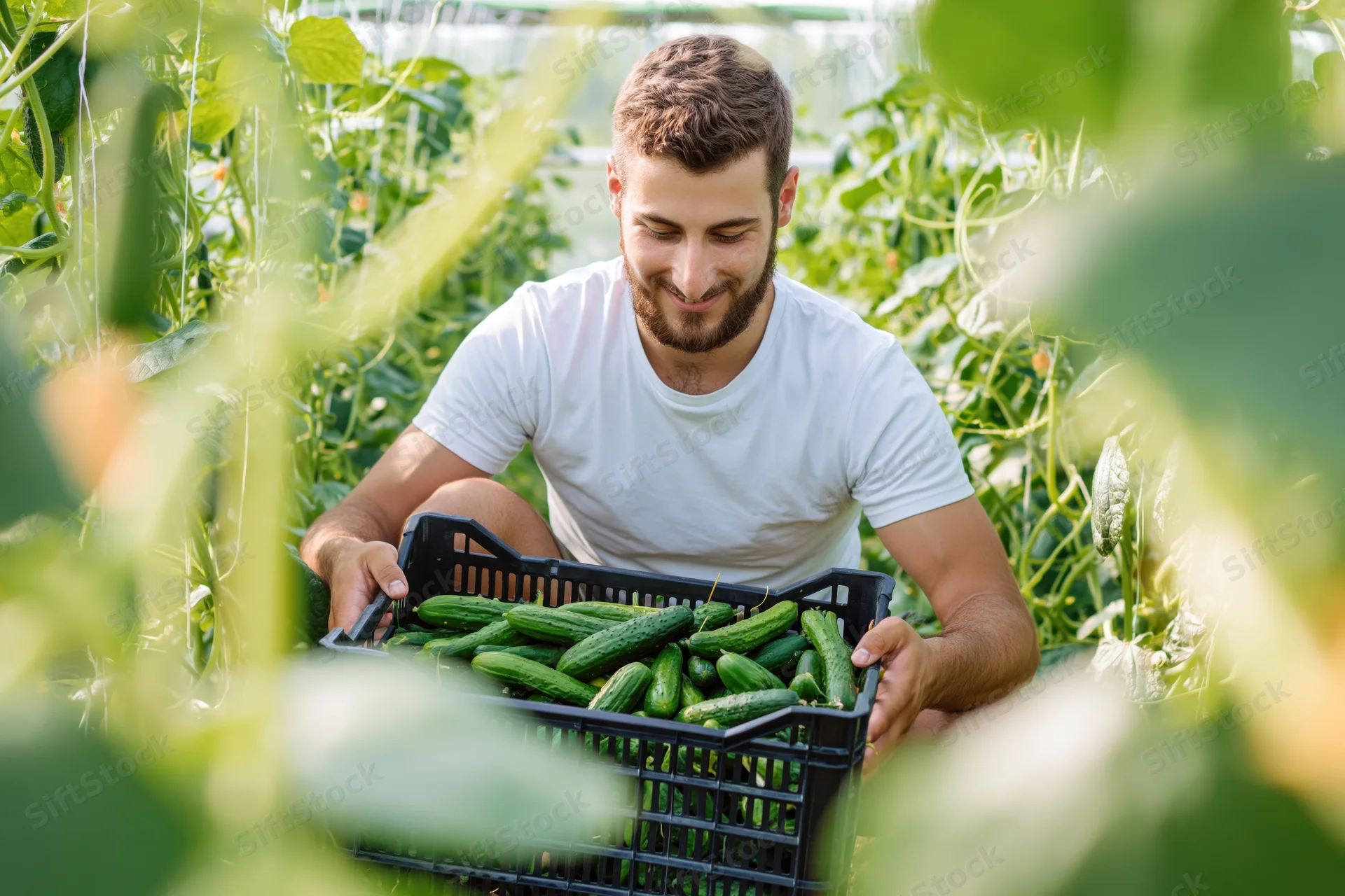 Young man holding basket of cucumbers in greenhouse among green vines
