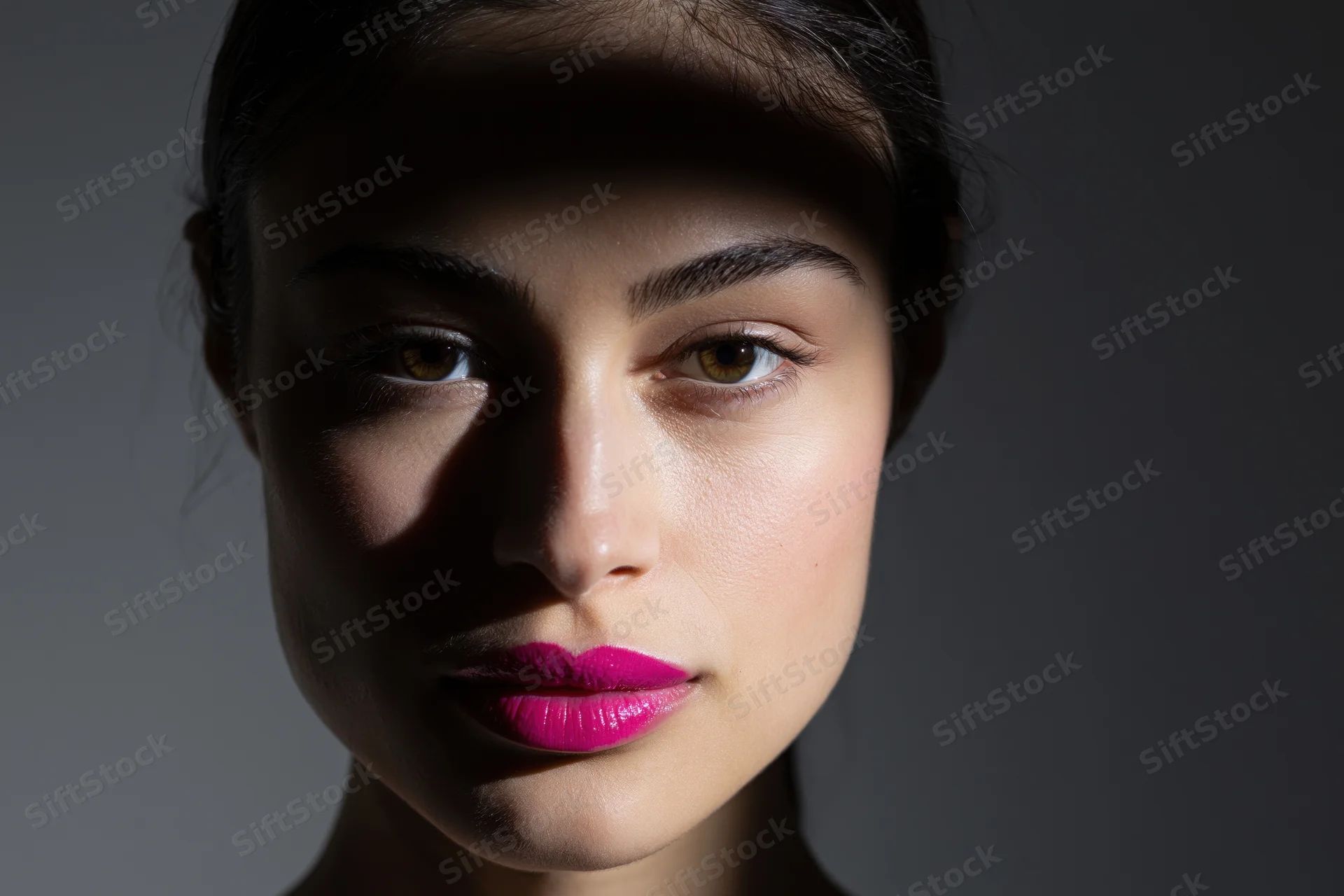 Closeup portrait of young woman with dark hair pulled back and bright pink lipstick under dramatic studio lighting